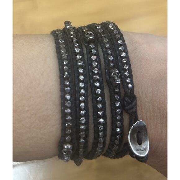 Chan Luu Black Skull Leather 5 Wrap Bracelet 925 Sterling Y2K Grunge Rocker - Picture 4 of 5